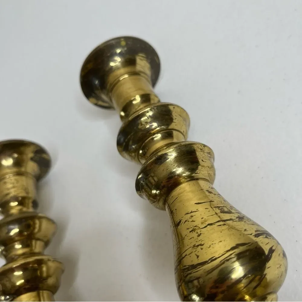Vintage Pair Brass Candlestick Holders Heavy Patina Set 2 Approx 8.5 Inch Tall